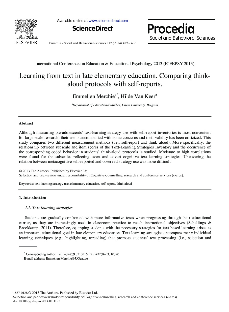 Learning from Text in Late Elementary Education. Comparing Think-aloud Protocols with Self-reports 