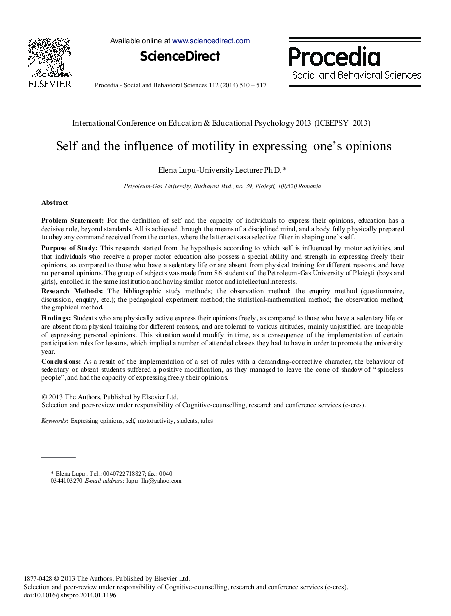 Self and the Influence of Motility in Expressing One's Opinions 