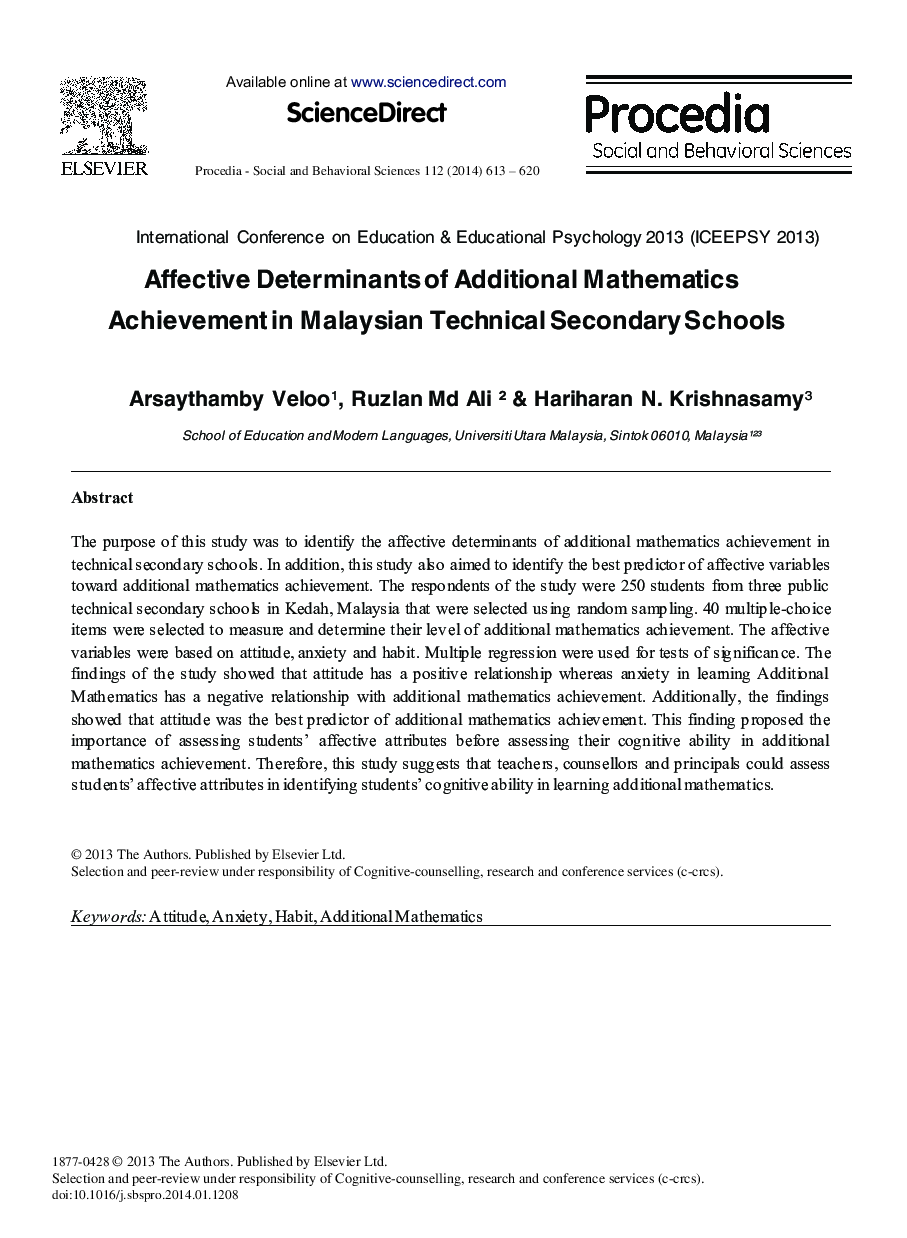 Affective Determinants of Additional Mathematics Achievement in Malaysian Technical Secondary Schools 