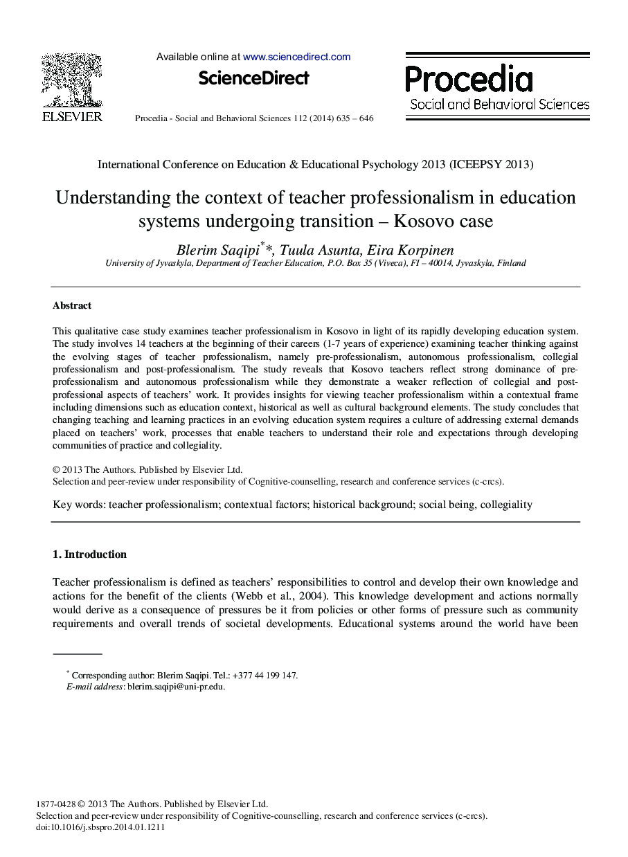 Understanding the Context of Teacher Professionalism in Education Systems Undergoing Transition – Kosovo Case 