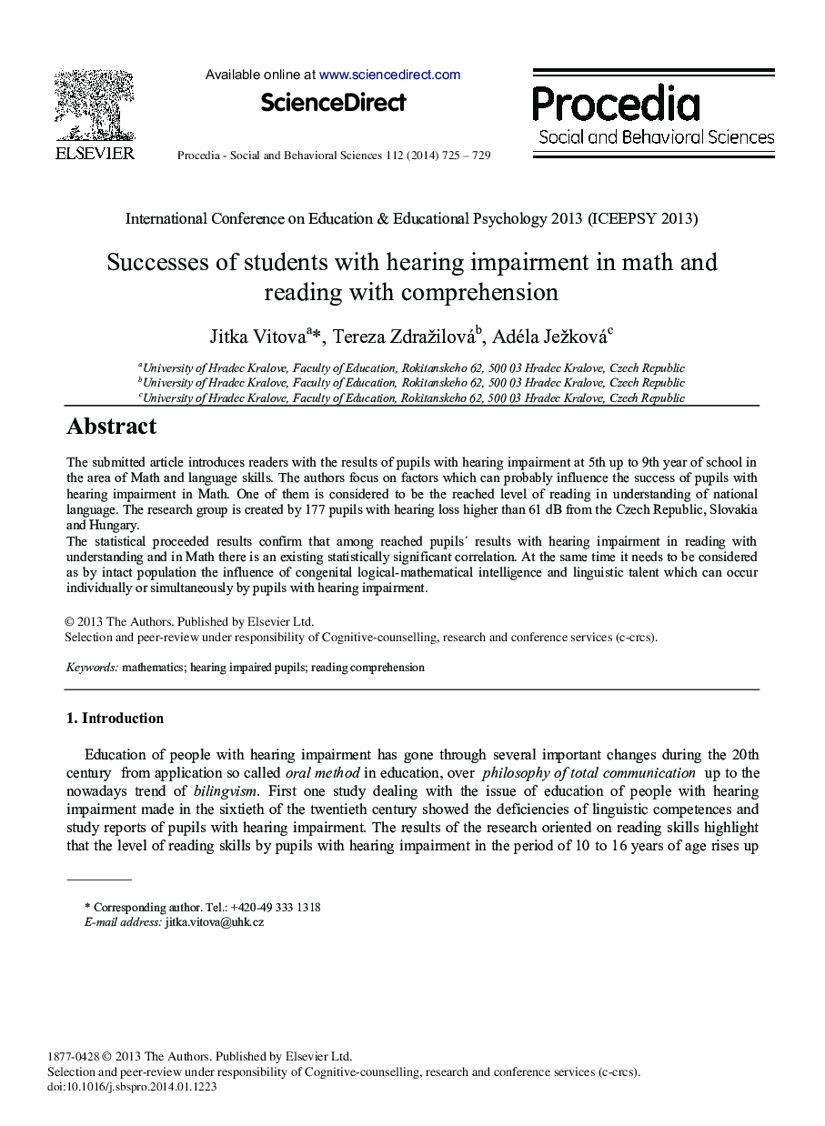 Successes of Students with Hearing Impairment in Math and Reading with Comprehension 