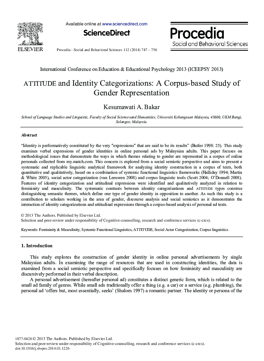 Attitude and Identity Categorizations: A Corpus-based Study of Gender Representation 