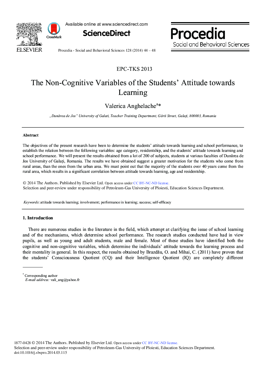 The Non-cognitive Variables of the Students' Attitude towards Learning