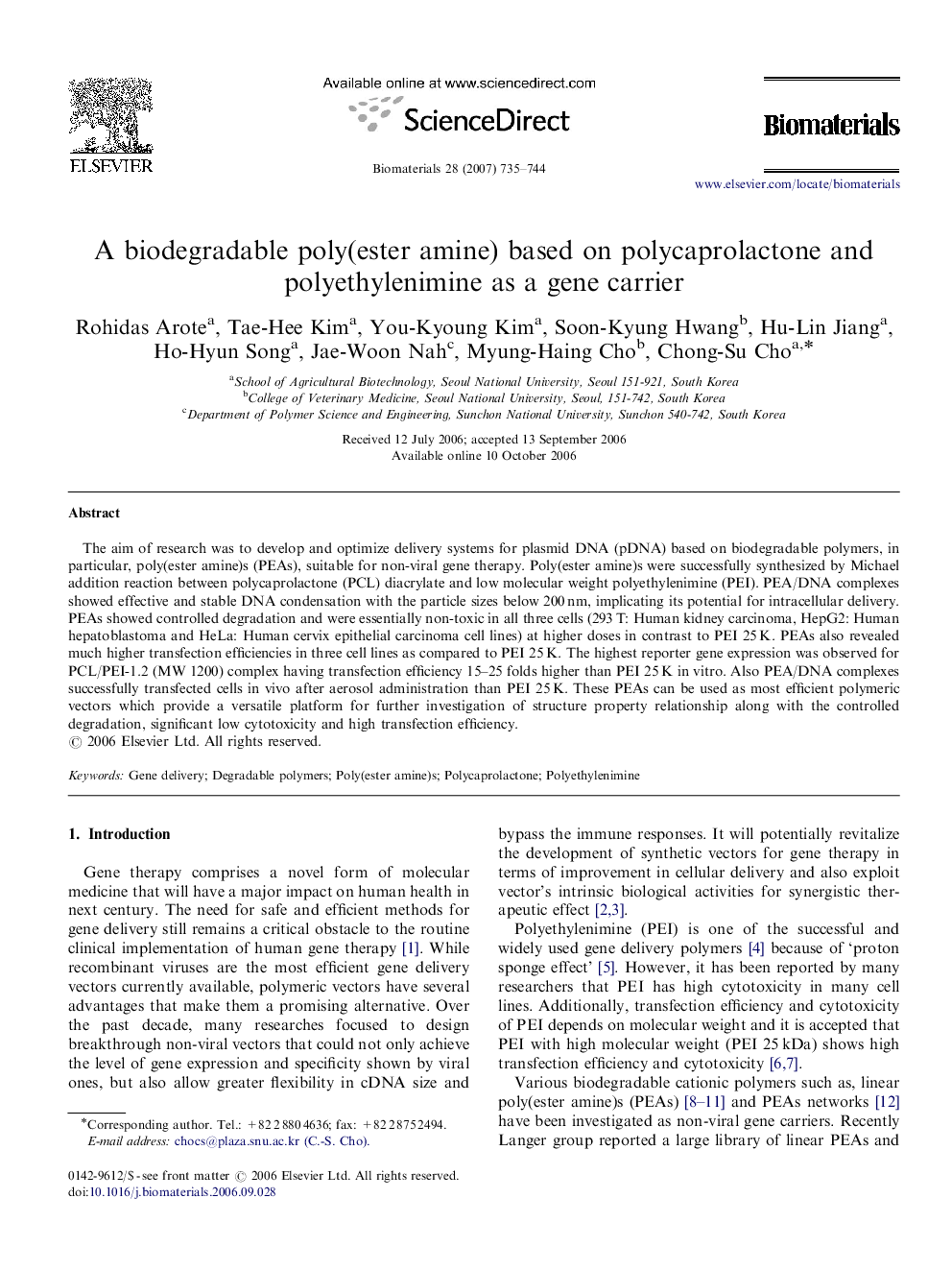 A biodegradable poly(ester amine) based on polycaprolactone and polyethylenimine as a gene carrier