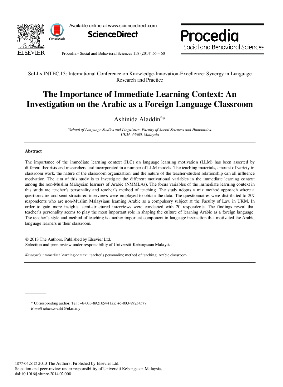 The Importance of Immediate Learning Context: An Investigation on the Arabic as a Foreign Language Classroom 