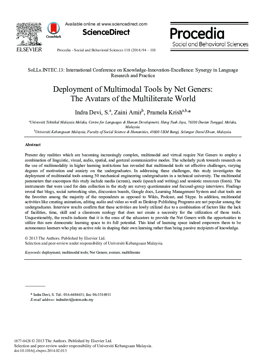 Deployment of Multimodal Tools by Net Geners: The Avatars of the Multiliterate World 