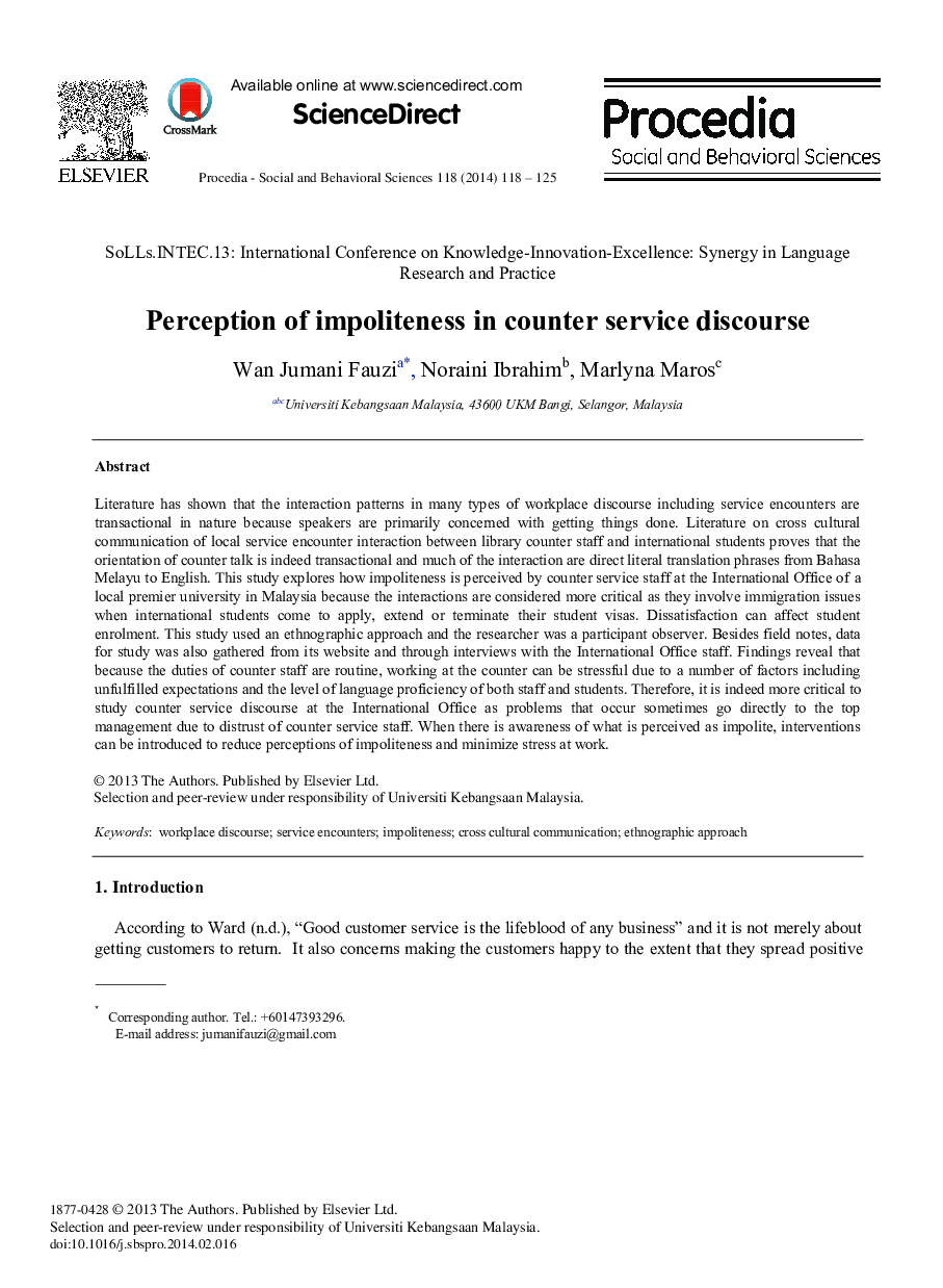 Perception of Impoliteness in Counter Service Discourse 