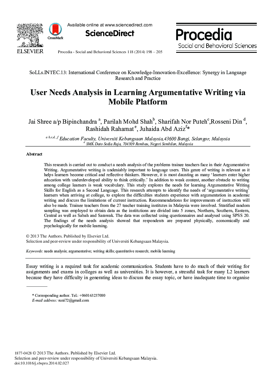 User Needs Analysis in Learning Argumentative Writing Via Mobile Platform 