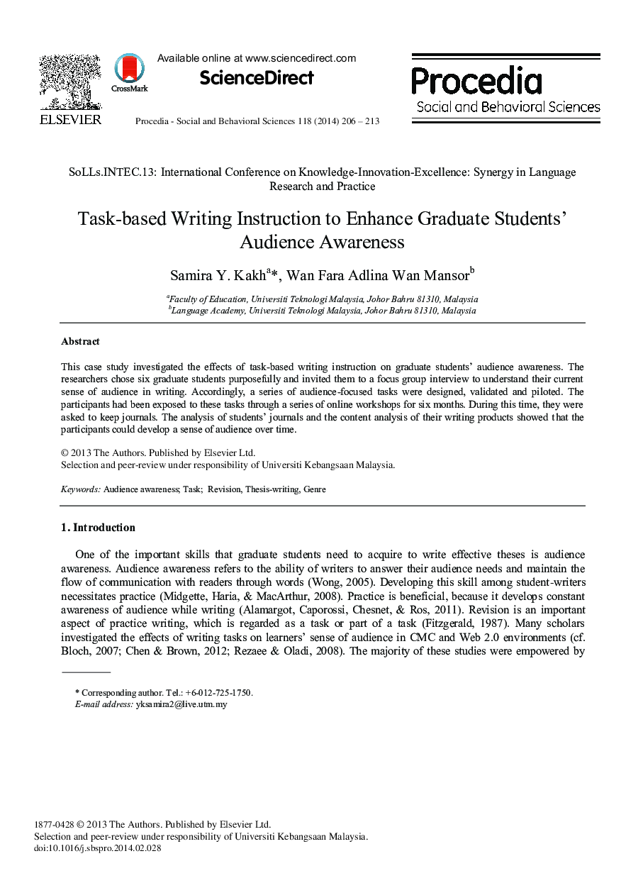 Task-based Writing Instruction to Enhance Graduate Students’ Audience Awareness 