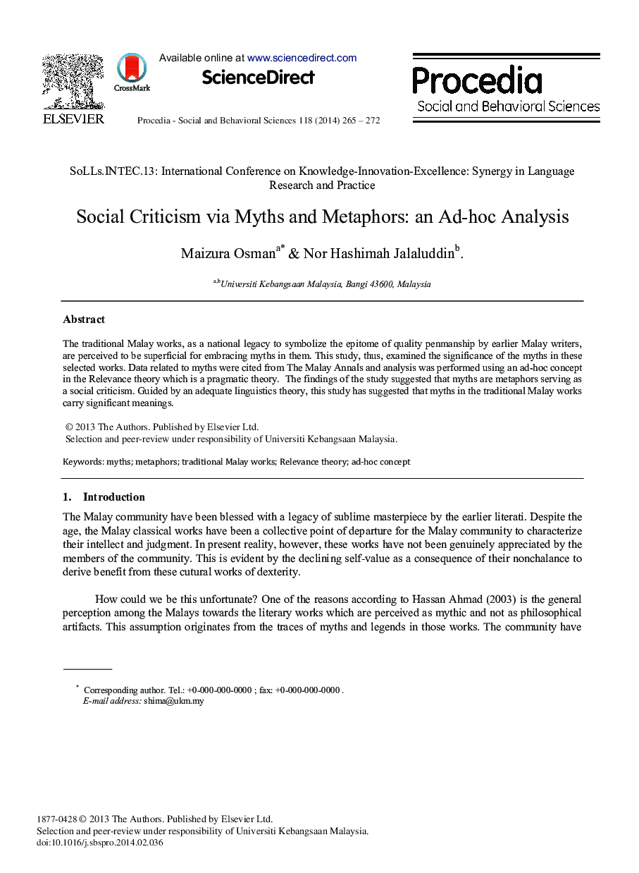 Social Criticism Via Myths and Metaphors: An Ad-hoc Analysis 