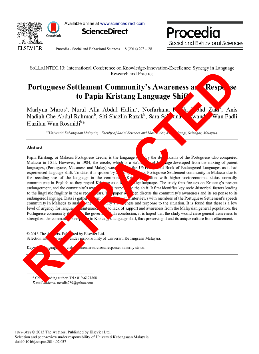 RETRACTED: Portuguese Settlement Community's Awareness and Response to Papia Kristang Language Shift