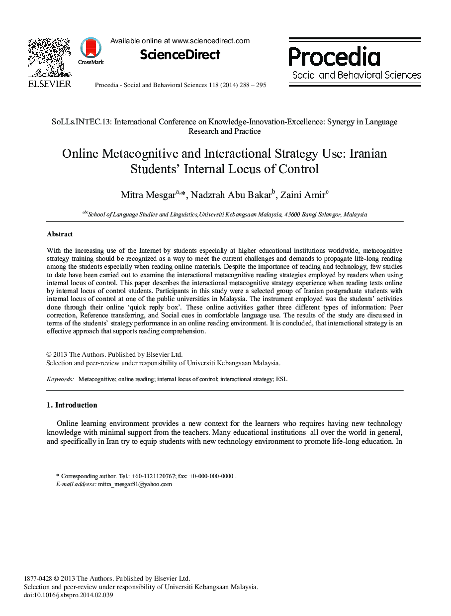 Online Metacognitive and Interactional Strategy Use: Iranian Students’ Internal Locus of Control 