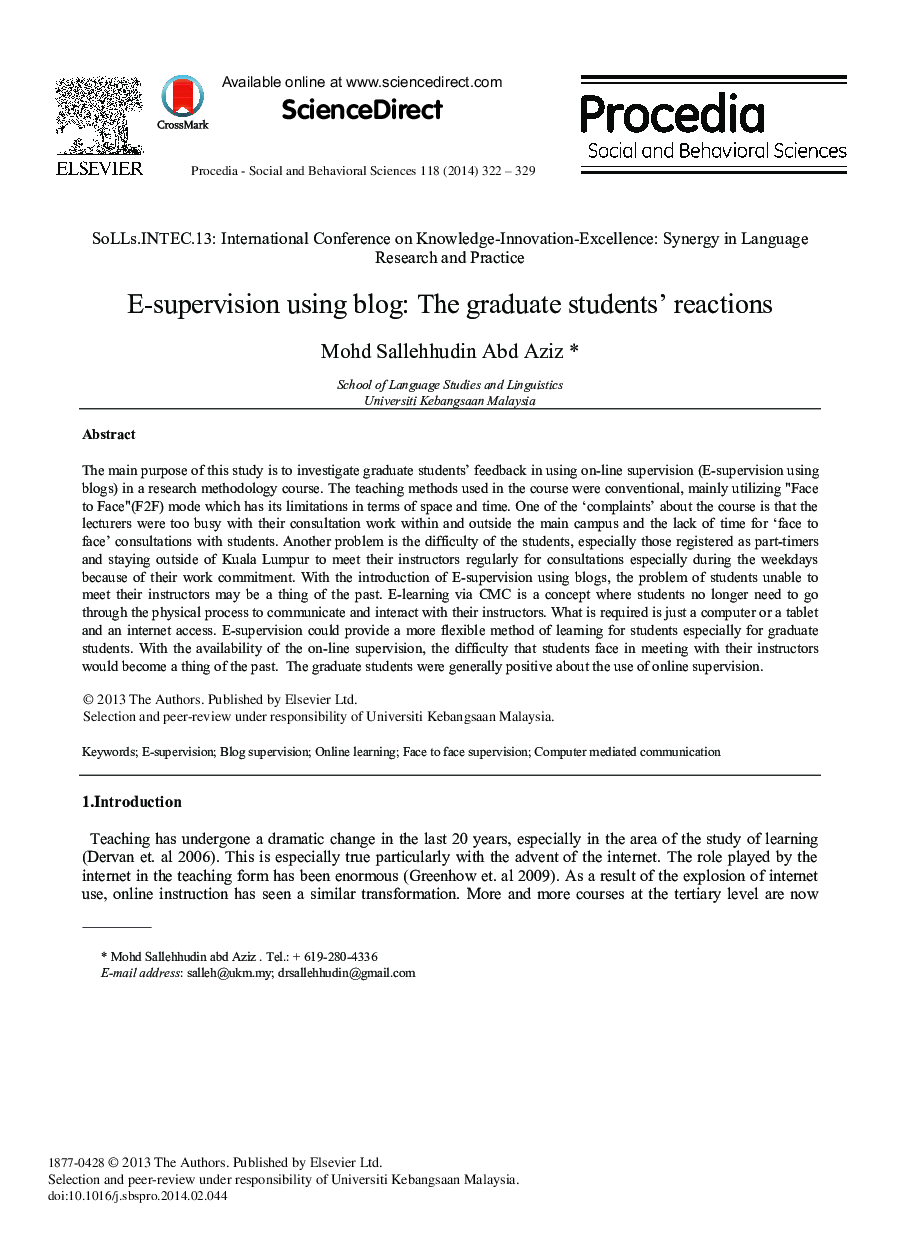 E-supervision Using Blog: The Graduate Students’ Reactions 