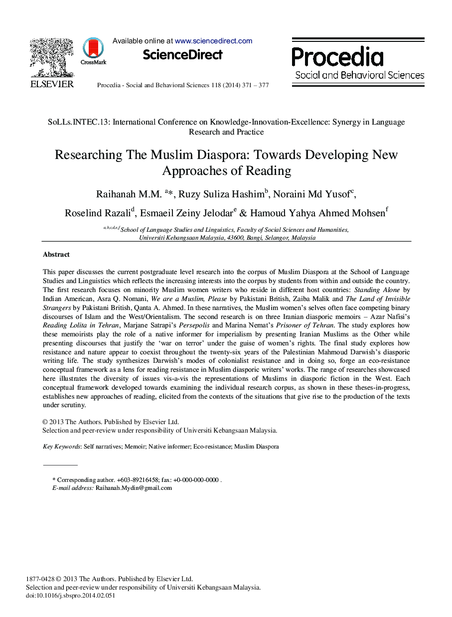 Researching the Muslim Diaspora: Towards Developing New Approaches of Reading 