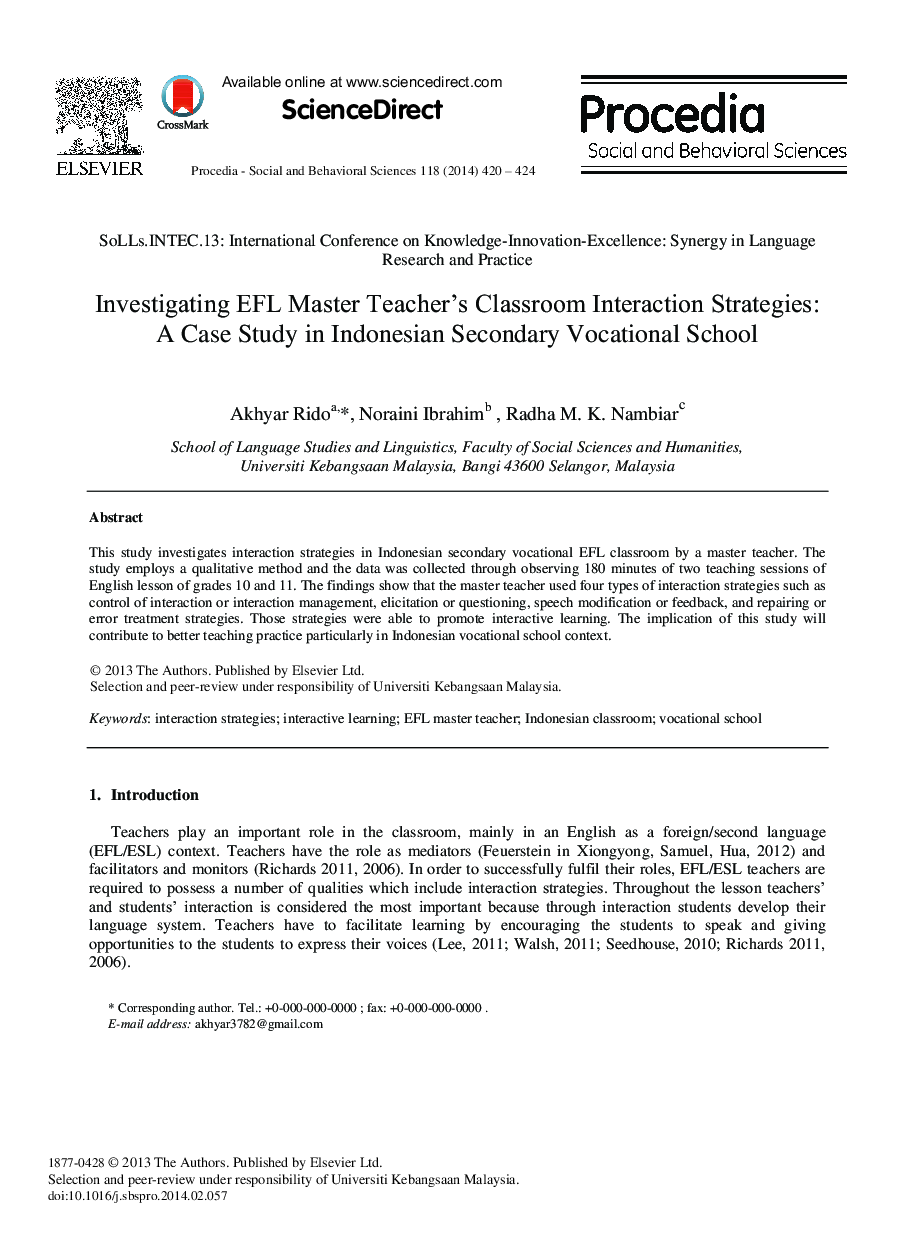 Investigating EFL Master Teacher's Classroom Interaction Strategies: A Case Study in Indonesian Secondary Vocational School 