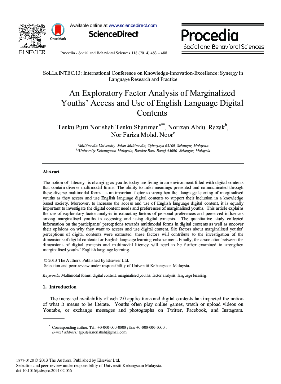 An Exploratory Factor Analysis of Marginalized Youths’ Access and Use of English Language Digital Contents 