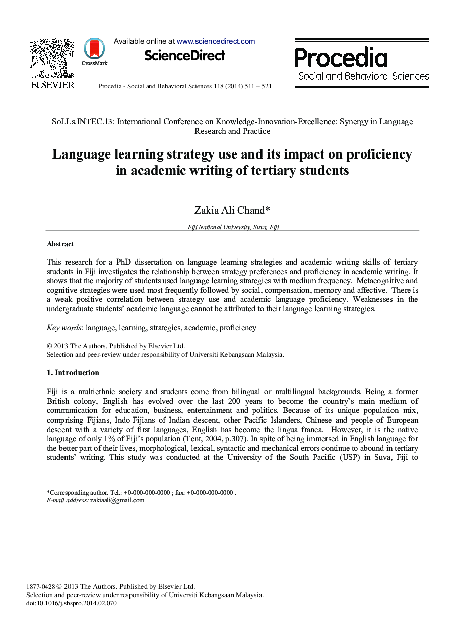 Language Learning Strategy Use and its Impact on Proficiency in Academic Writing of Tertiary Students 