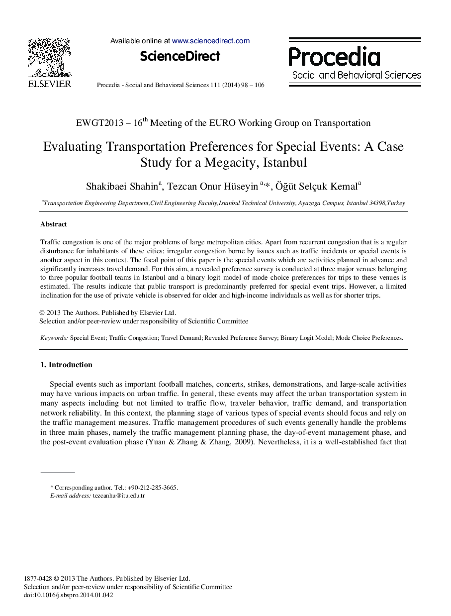 Evaluating Transportation Preferences for Special Events: A Case Study for a Megacity, Istanbul 