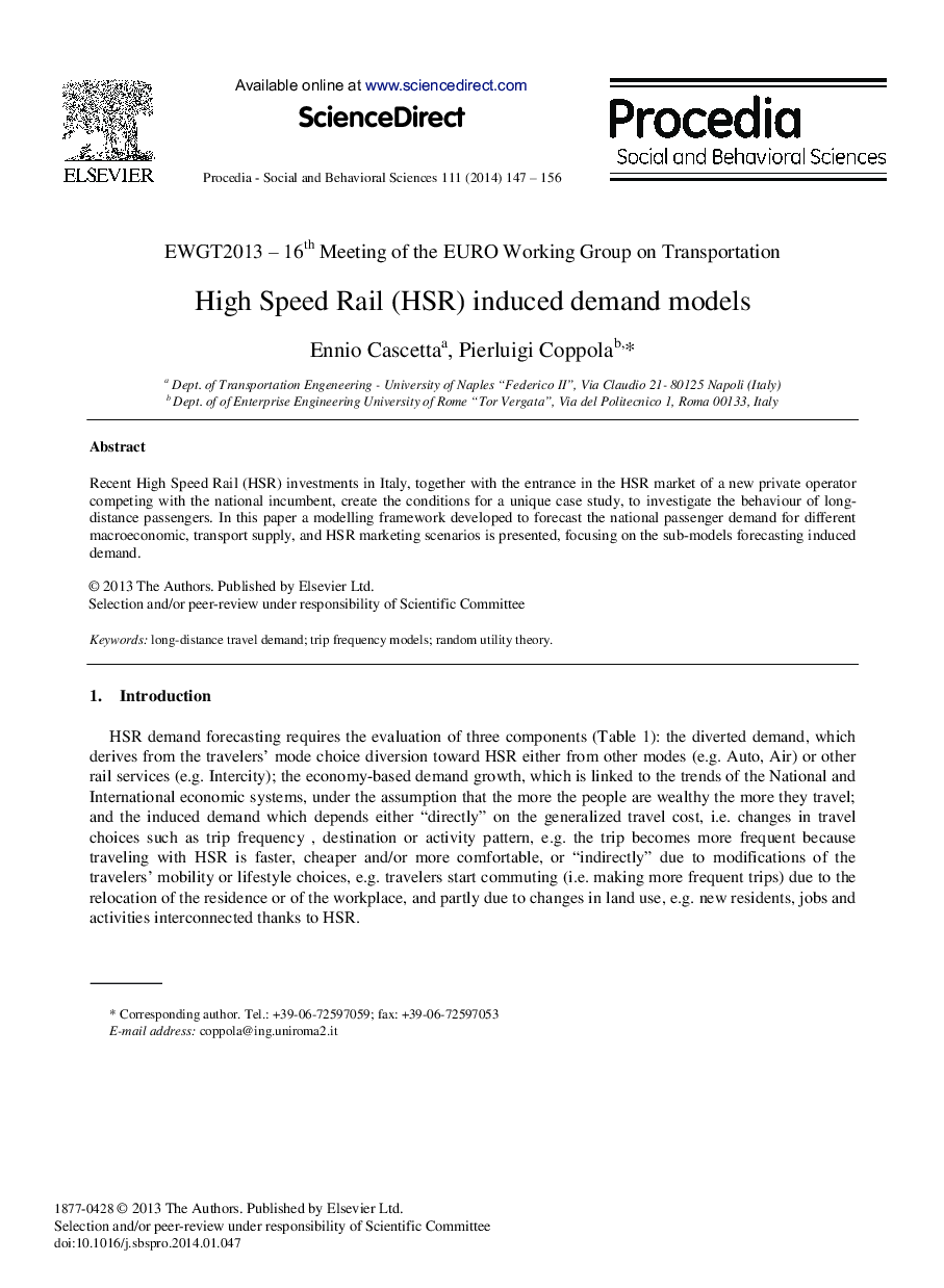 High Speed Rail (HSR) Induced Demand Models 