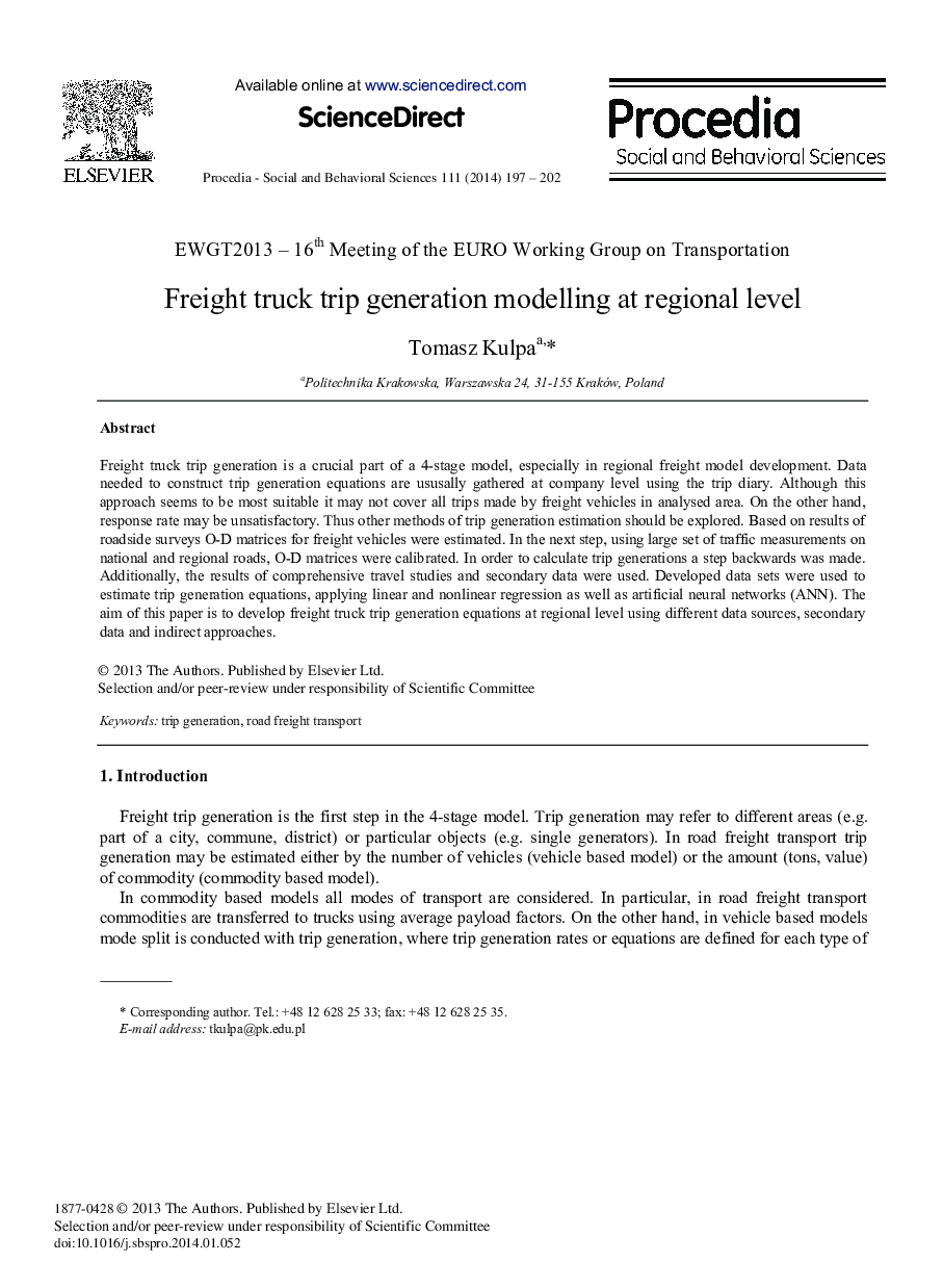 Freight Truck Trip Generation Modelling at Regional Level 