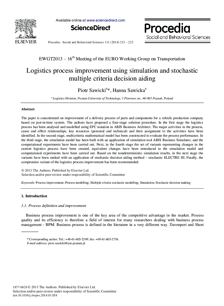 Logistics Process Improvement Using Simulation and Stochastic Multiple Criteria Decision Aiding 