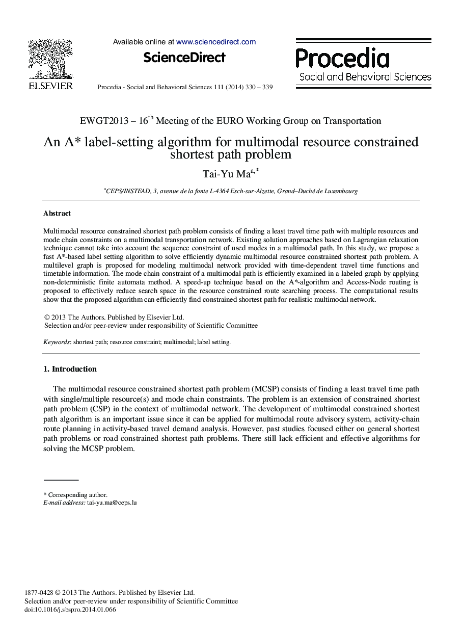 An A* Label-setting Algorithm for Multimodal Resource Constrained Shortest Path Problem 