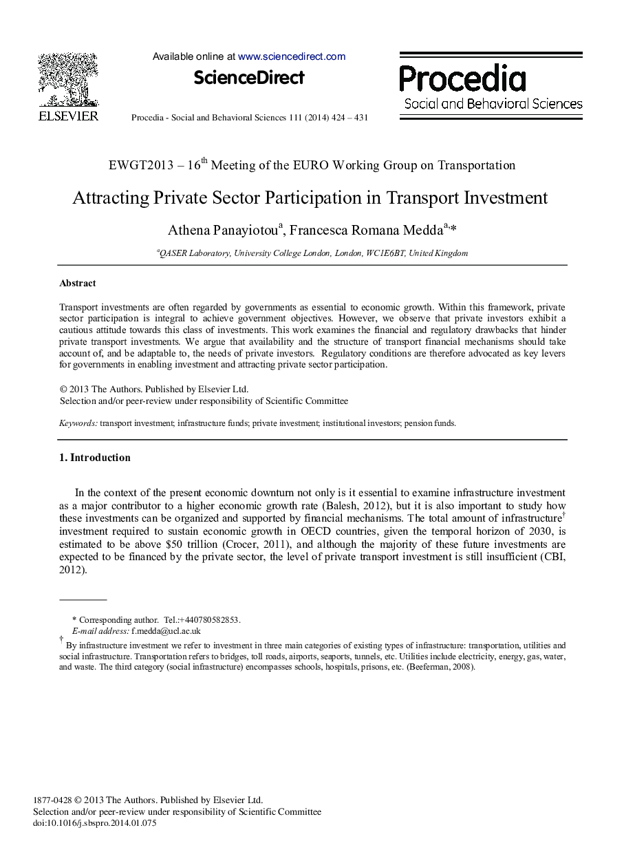 Attracting Private Sector Participation in Transport Investment 