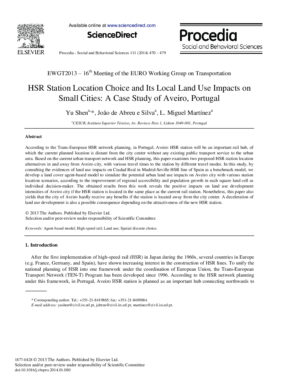 HSR Station Location Choice and its Local Land Use Impacts on Small Cities: A Case Study of Aveiro, Portugal 