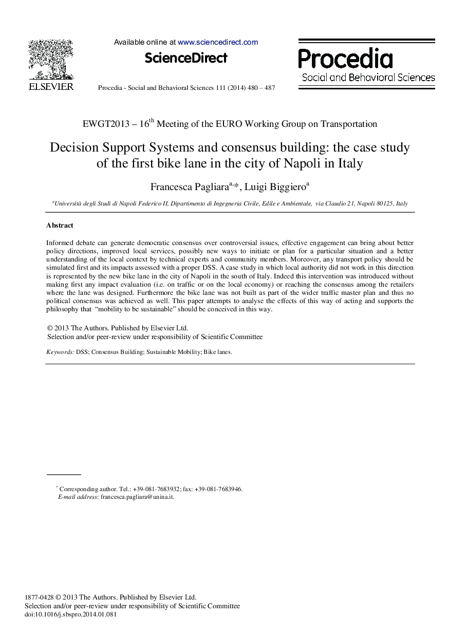 Decision Support Systems and Consensus Building: The Case Study of the First Bike Lane in the City of Napoli in Italy 