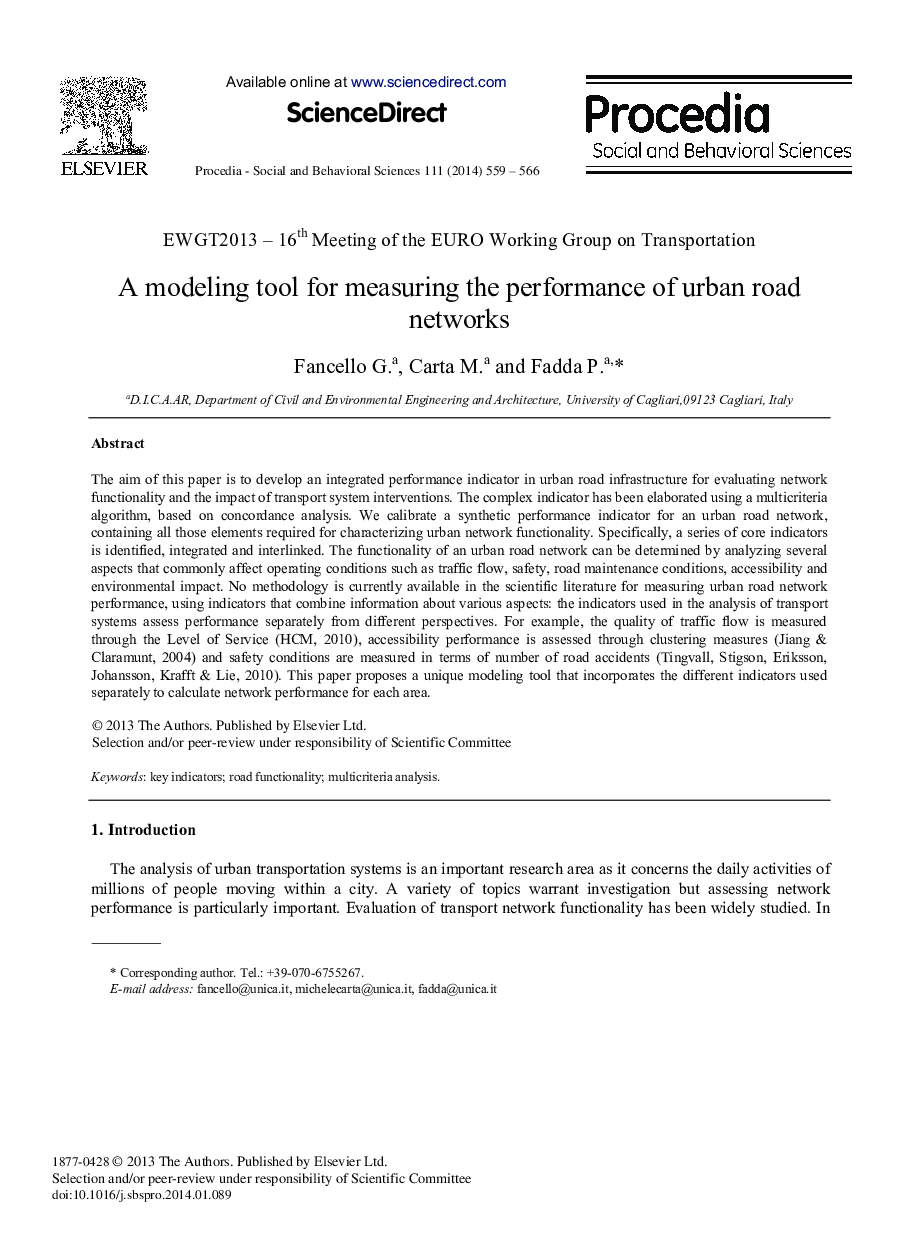 A Modeling Tool for Measuring the Performance of Urban Road Networks 