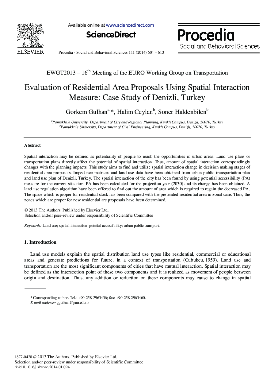 Evaluation of Residential Area Proposals Using Spatial Interaction Measure: Case Study of Denizli, Turkey 