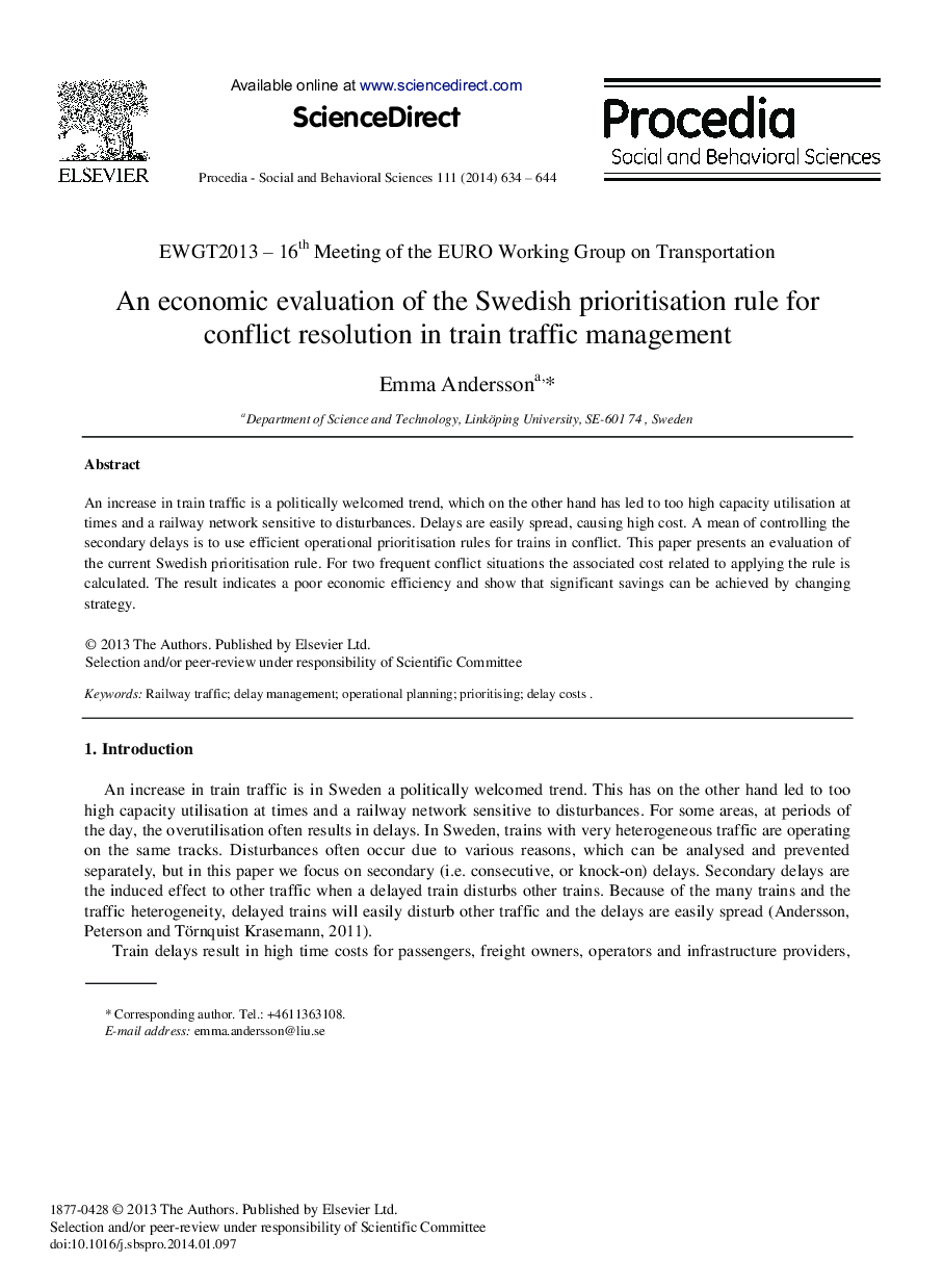 An Economic Evaluation of the Swedish Prioritisation Rule for Conflict Resolution in Train Traffic Management 