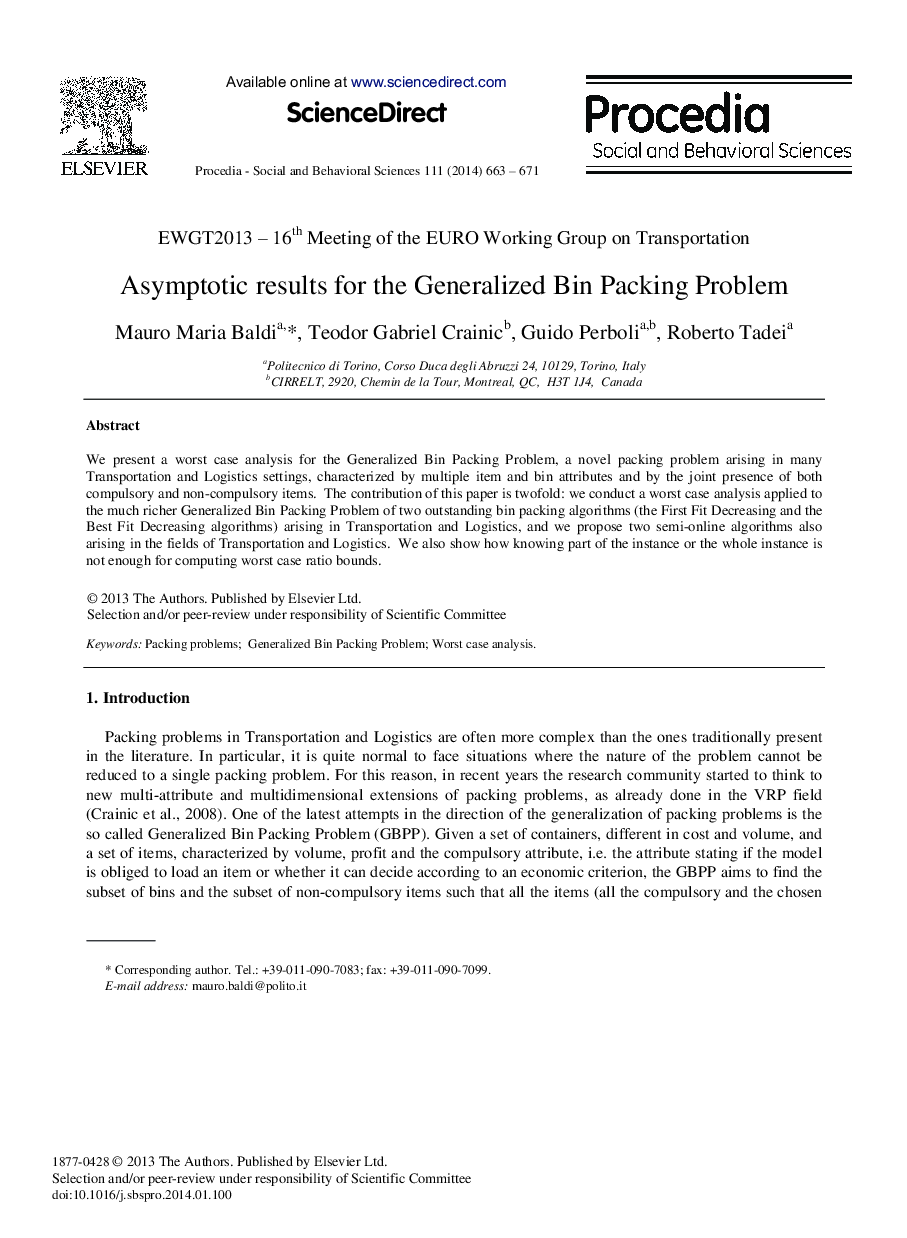 Asymptotic Results for the Generalized Bin Packing Problem 