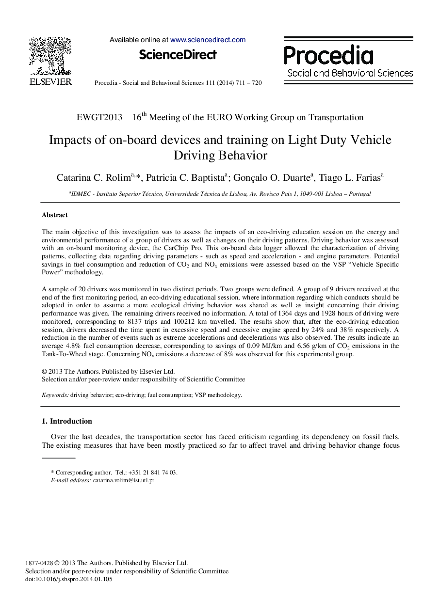 Impacts of On-board Devices and Training on Light Duty Vehicle Driving Behavior 