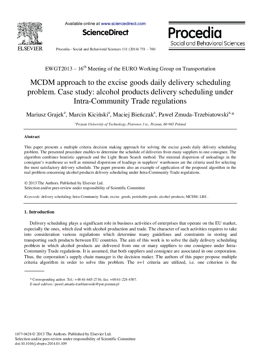 MCDM Approach to the Excise Goods Daily Delivery Scheduling Problem. Case Study: Alcohol Products Delivery Scheduling under Intra-community Trade Regulations 