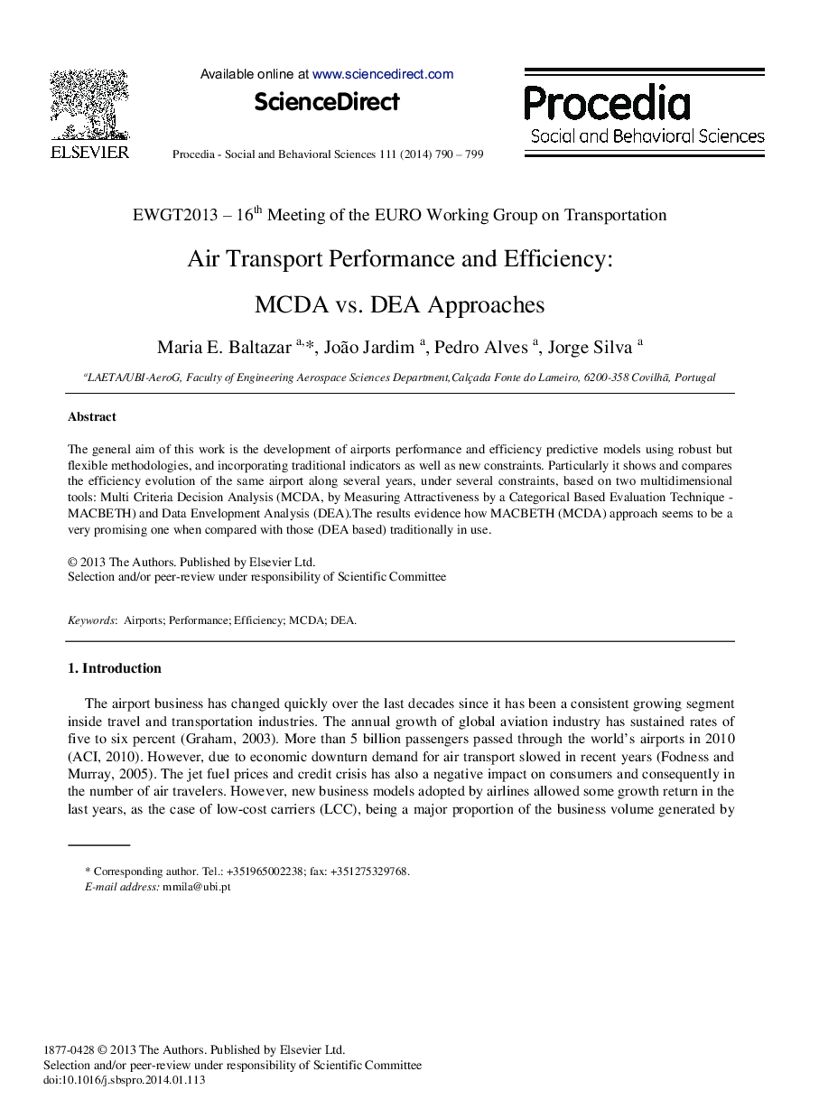 Air Transport Performance and Efficiency: MCDA vs. DEA Approaches 