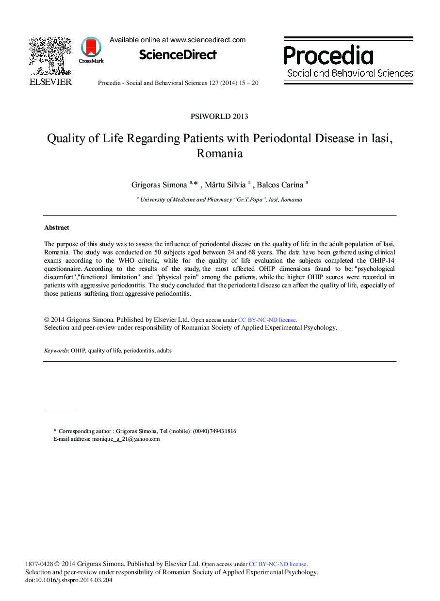 Quality of Life Regarding Patients with Periodontal Disease in Iasi, Romania 