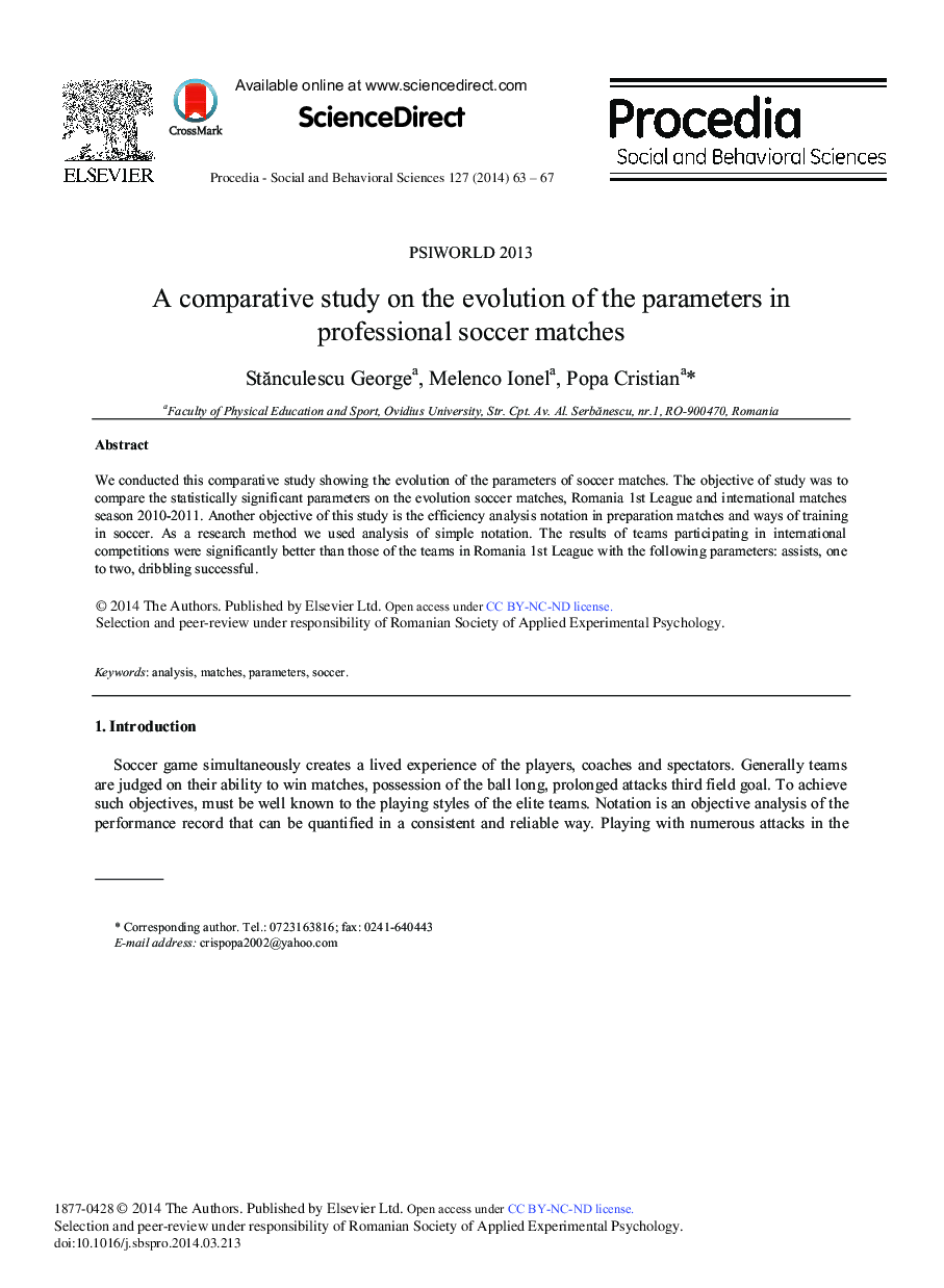 A Comparative Study on the Evolution of the Parameters in Professional Soccer Matches 