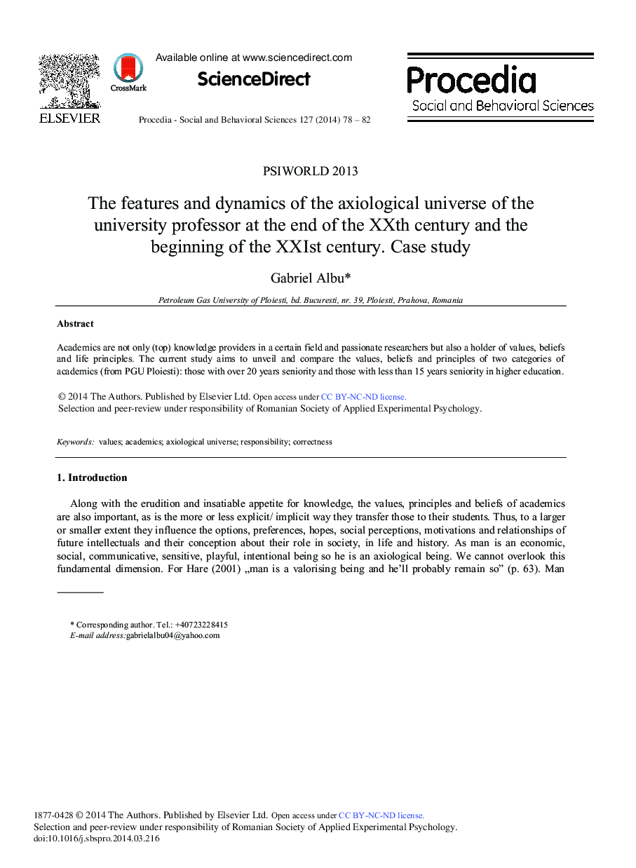 The Features and Dynamics of the Axiological Universe of the University Professor at the End of the XXth Century and the Beginning of the XXIst Century. Case Study 