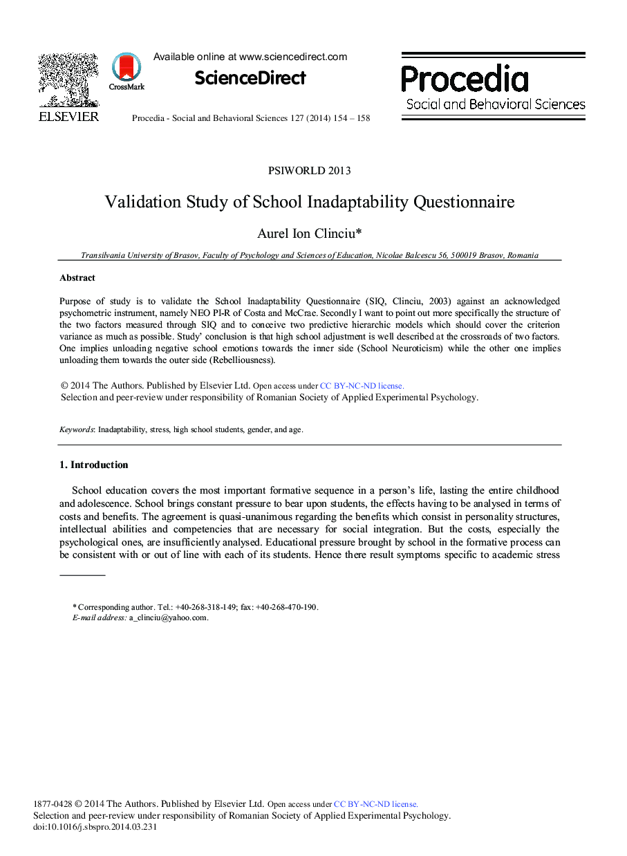 Validation Study of School Inadaptability Questionnaire 