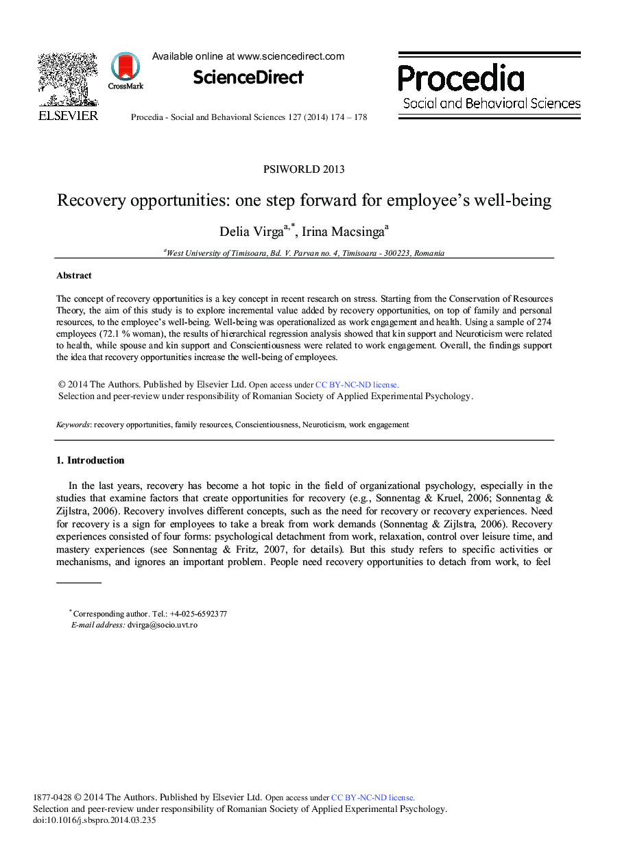 Recovery Opportunities: One Step Forward for Employee's Well-being 