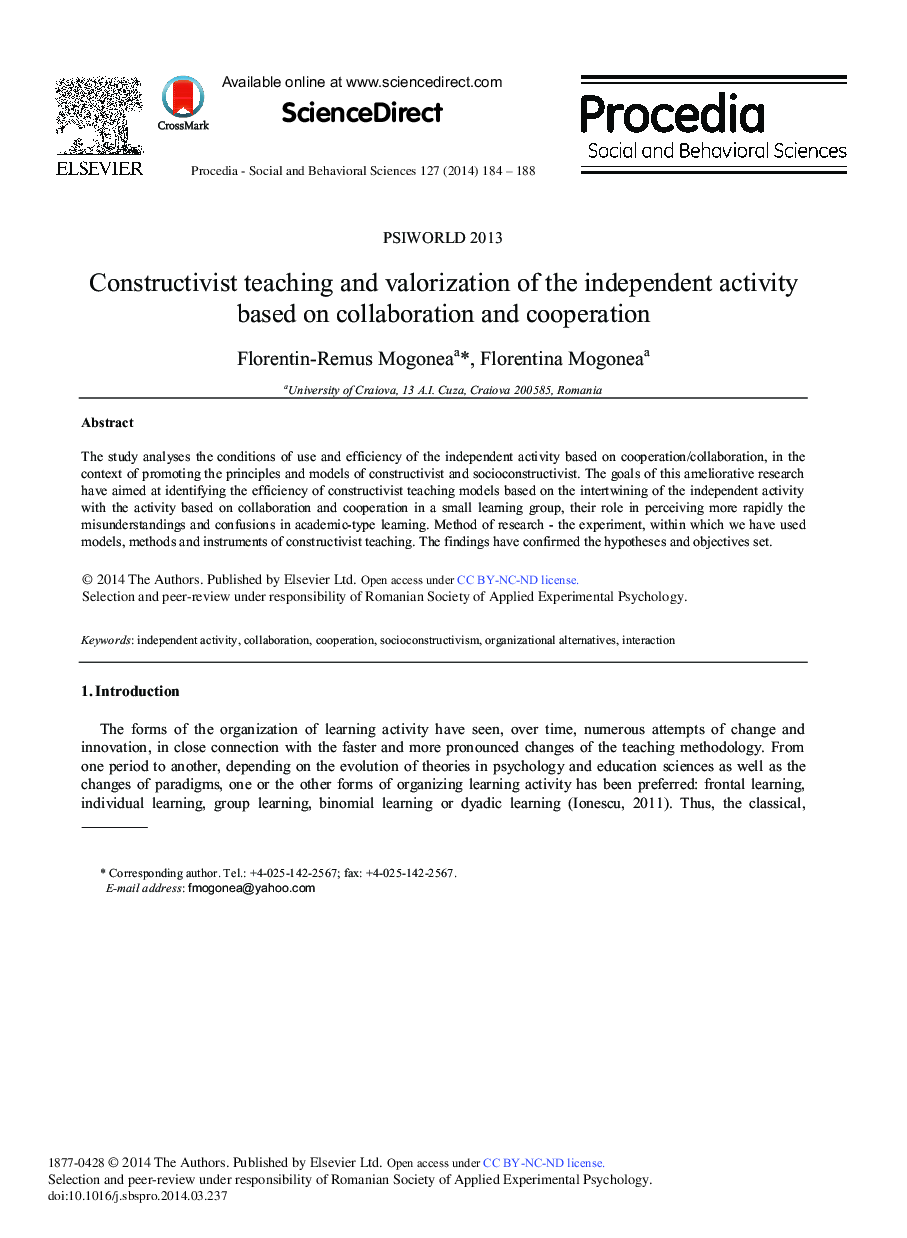 Constructivist Teaching and Valorization of the Independent Activity based on Collaboration and Cooperation 