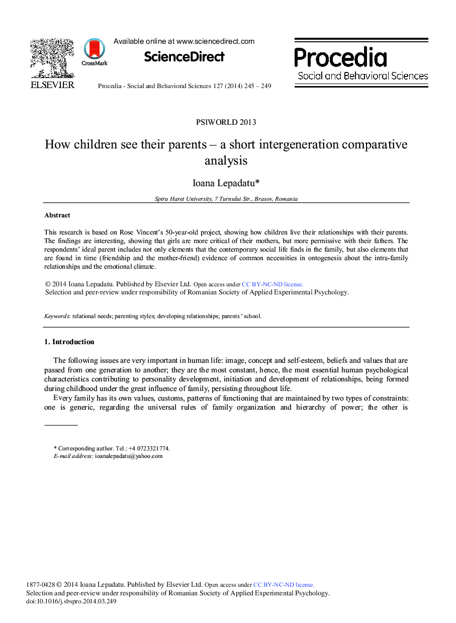 How Children See their Parents – A Short Intergeneration Comparative Analysis 