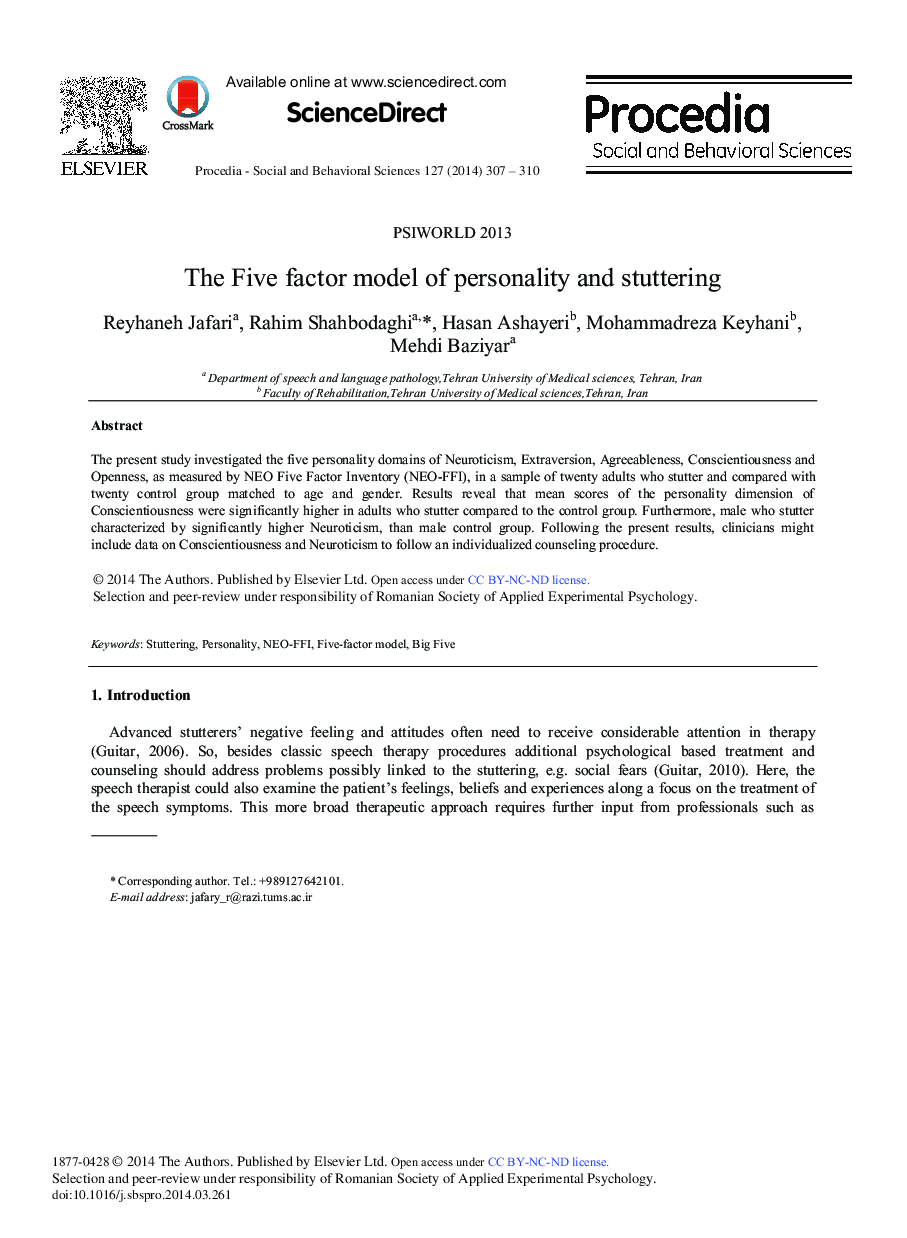 The Five Factor Model of Personality and Stuttering 