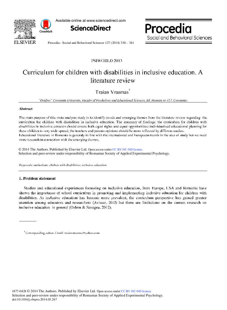 Curriculum for Children with Disabilities in Inclusive Education. A Literature Review 