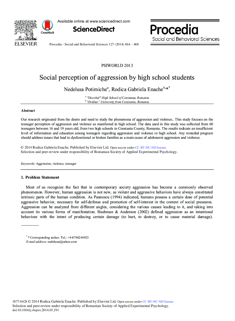 Social Perception of Aggression by High School Students 