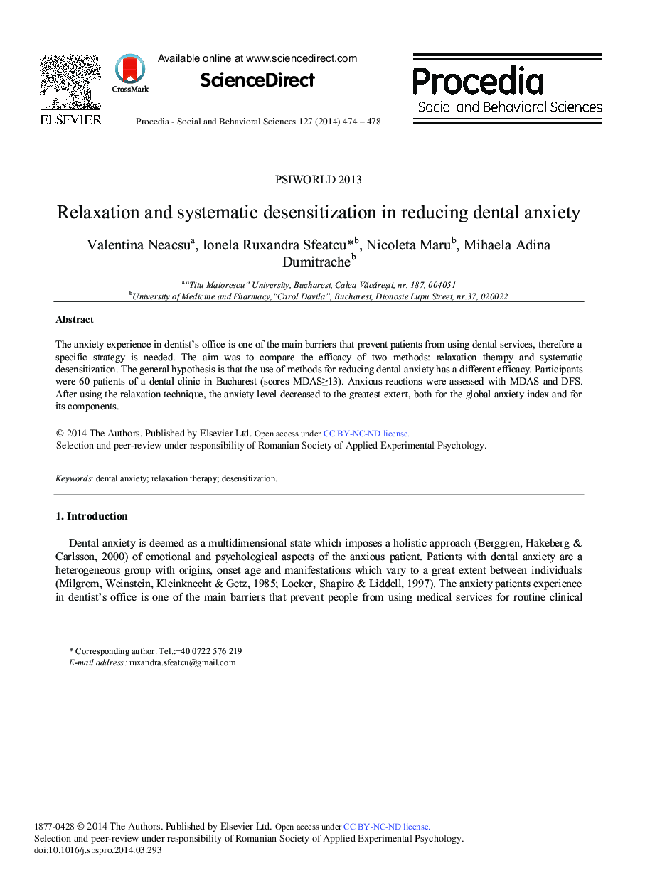 Relaxation and Systematic Desensitization in Reducing Dental Anxiety 