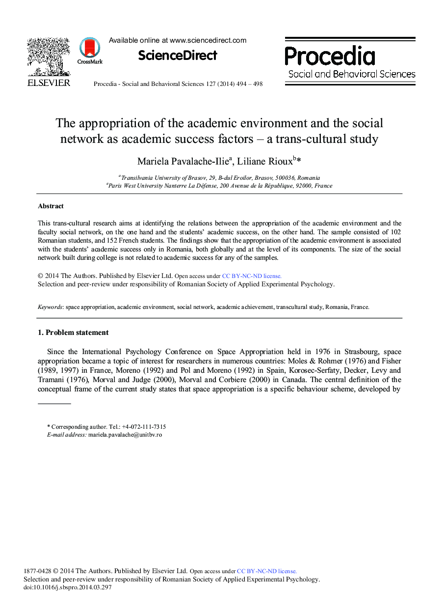 The Appropriation of the Academic Environment and the Social Network as Academic Success Factors – A Trans-cultural Study 