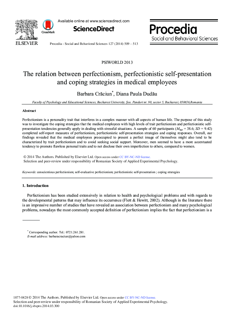 The Relation between Perfectionism, Perfectionistic Self-presentation and Coping Strategies in Medical Employees 