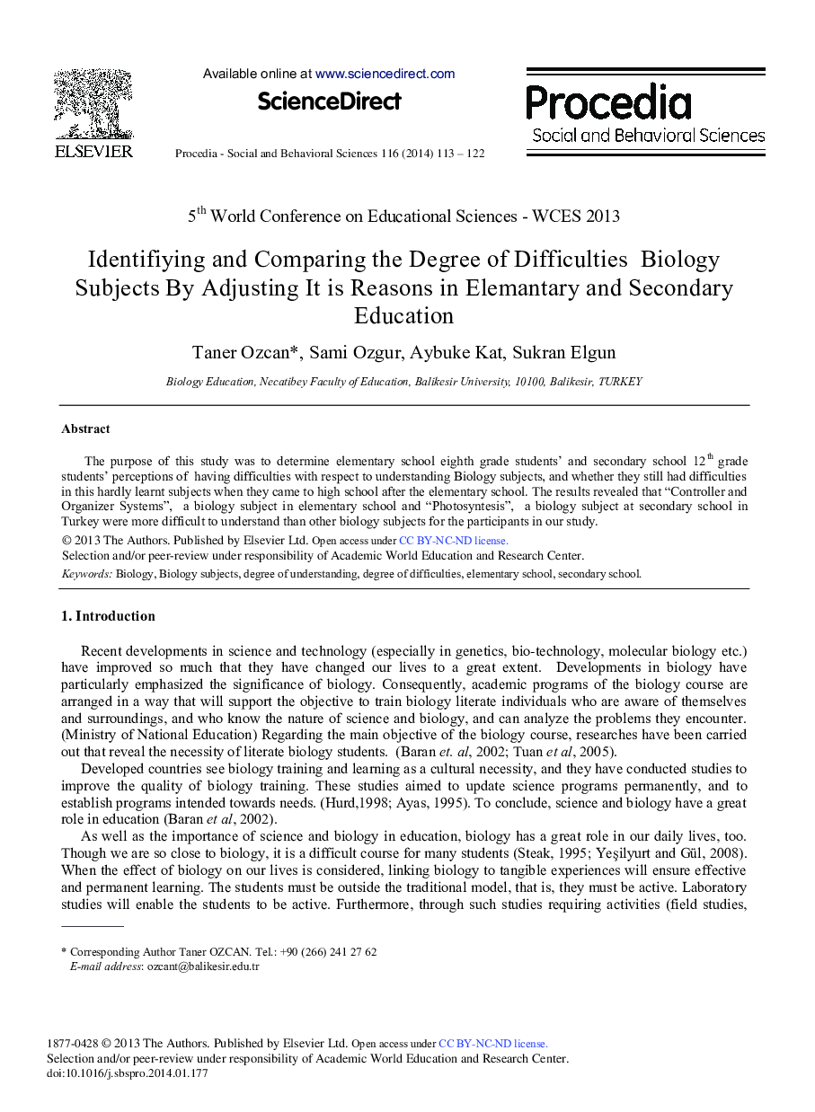 Identifiying and Comparing the Degree of Difficulties Biology Subjects by Adjusting it is Reasons in Elemantary and Secondary Education